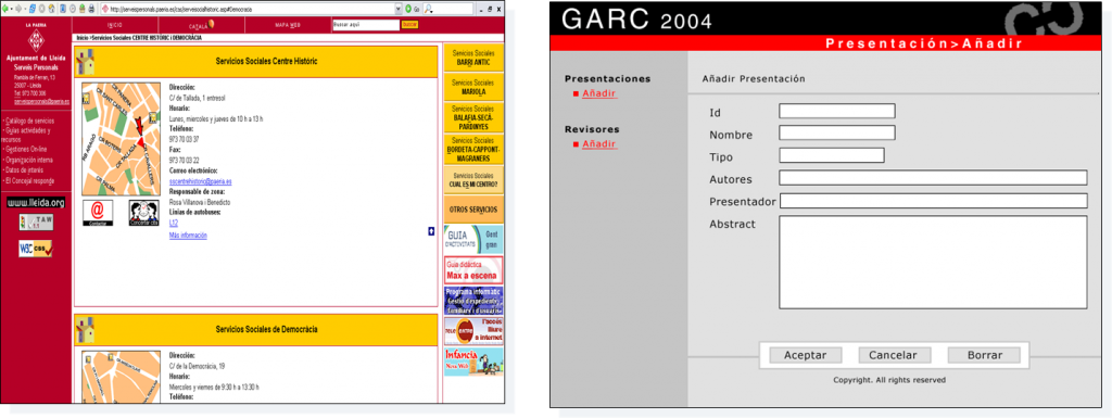 maquetas digitales la web de los servicios personales (izq) y de la herramienta virtual para la web del congreso i2004 (der)
